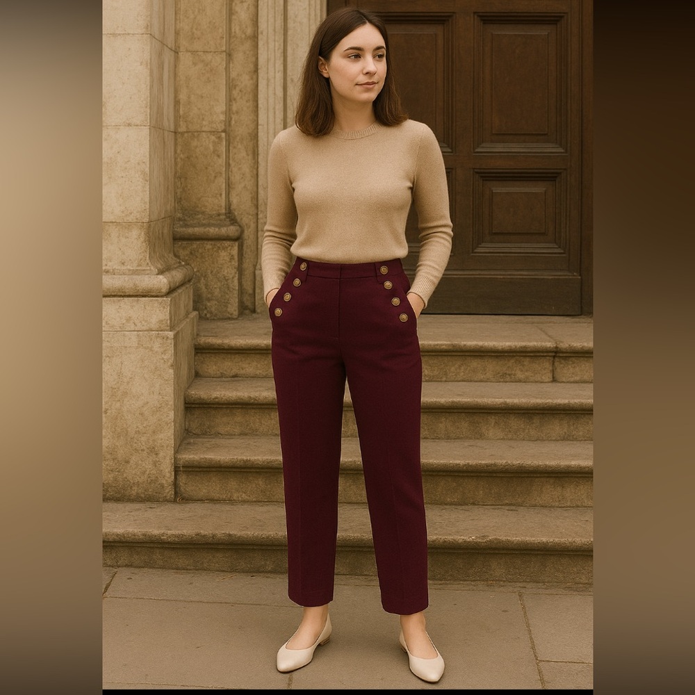 Banana Republic Sloan Maroon Burgundy Mid Rise Ankle Pant Gold Button Trouser 6
